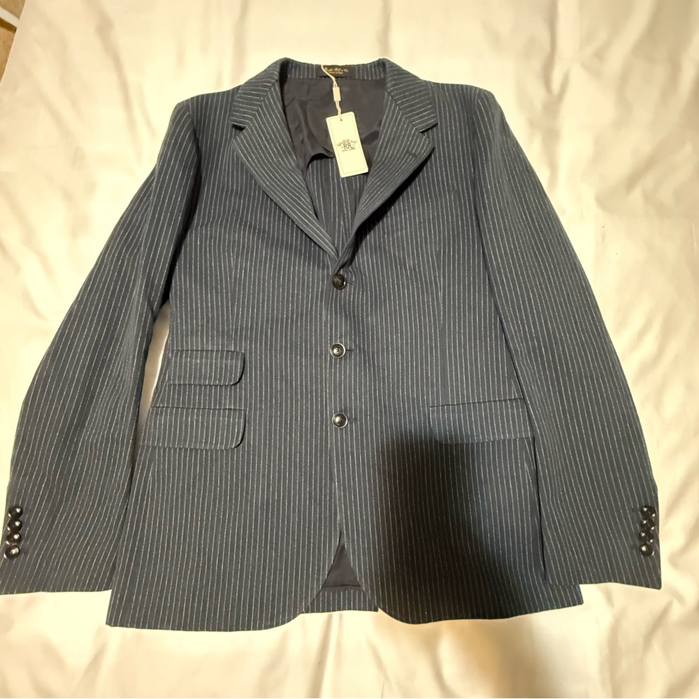 Ralph Lauren Double RL Men’s Pinstripe Suit Jacket Navy Blue 42R Made In Italy